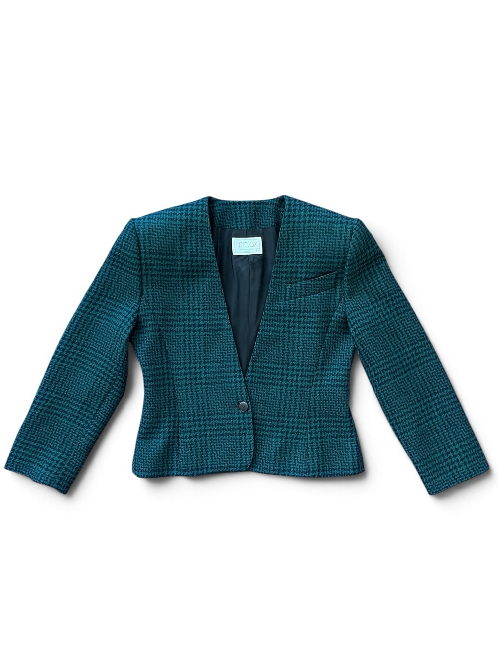 Vintage 100% Pure Wool Cropped Houndstooth Blazer Jacket in Dark Emerald Green